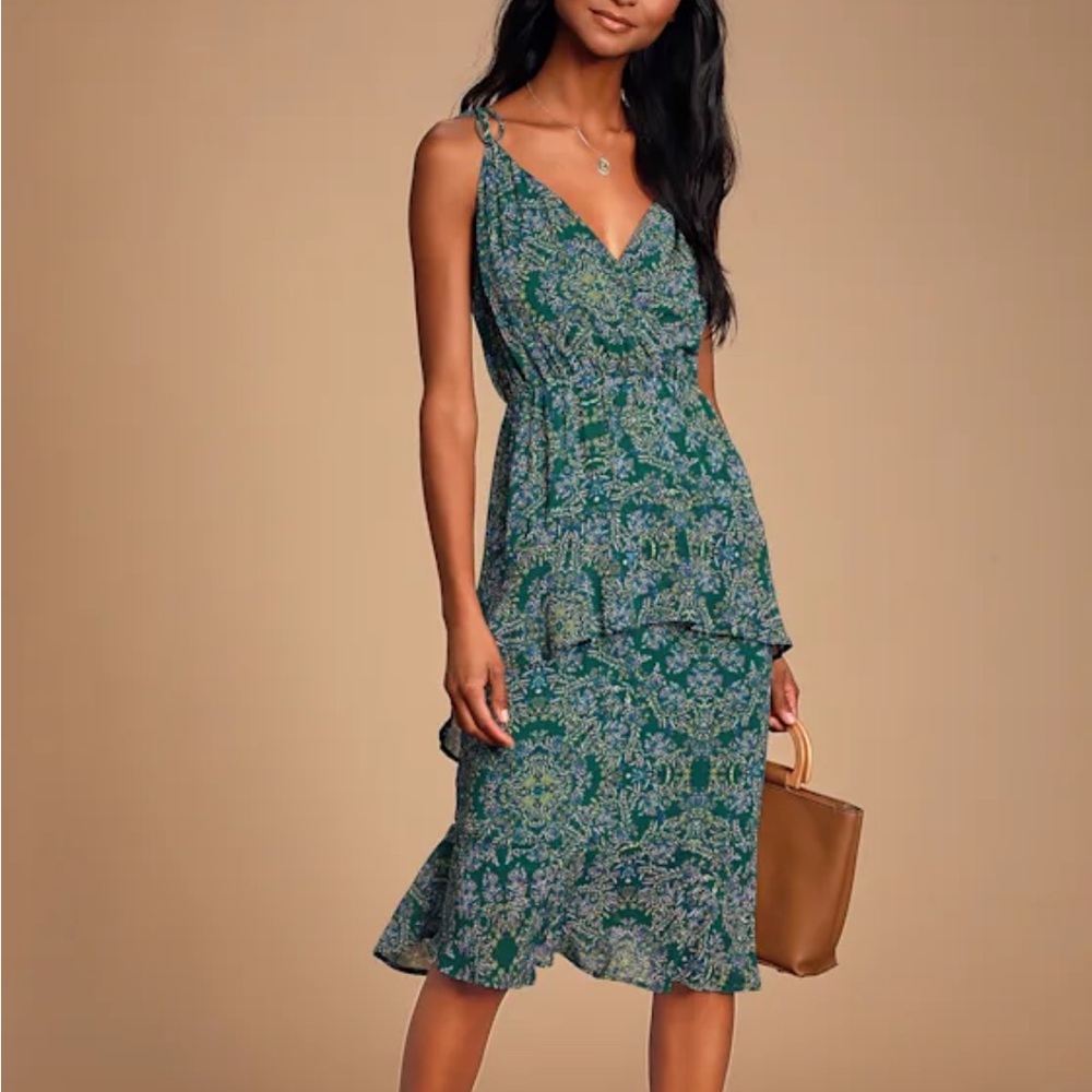 Lulus Green Patterned Midi Dress